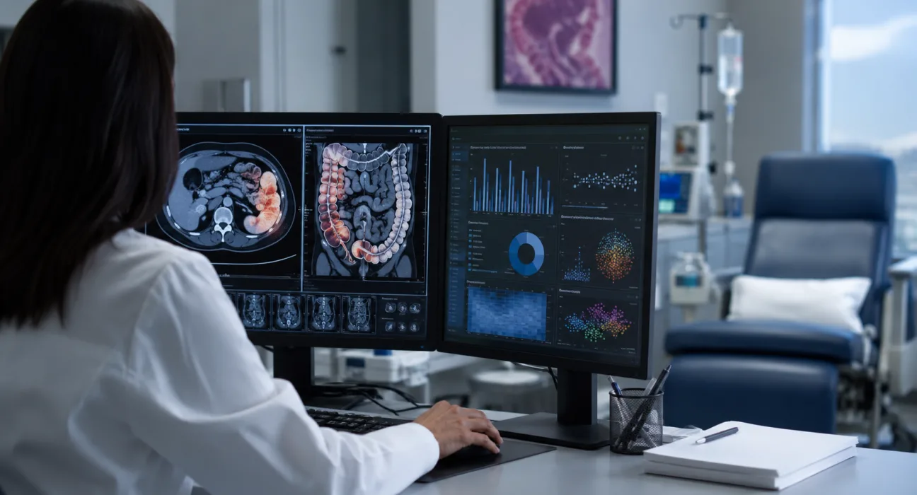 Representative image: Clinical analytics and gastrointestinal imaging scene reflecting Seres Therapeutics’ SER-155 data in checkpoint inhibitor-related enterocolitis and the emerging role of microbiome therapeutics in cancer supportive care.