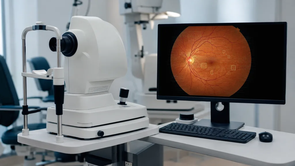 Representative image: An AI-powered retinal imaging system illustrates how iHealthScreen’s FDA-cleared iPredict-DR could support automated diabetic retinopathy screening in primary care settings.