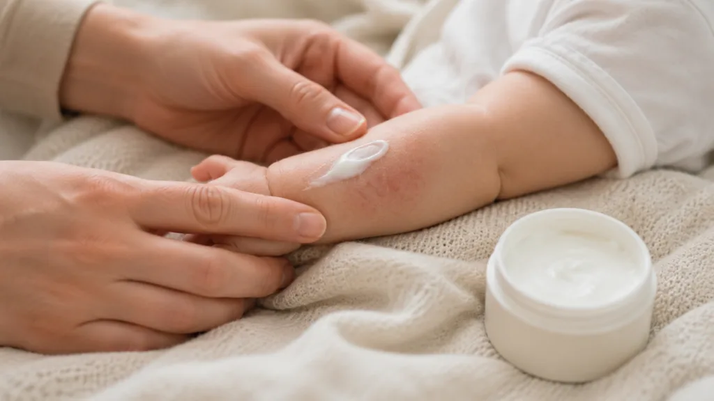 Representative image: Caregiver applying unbranded topical cream to an infant’s arm, highlighting the pediatric atopic dermatitis treatment gap behind Arcutis Biotherapeutics’ Zoryve label expansion push.
