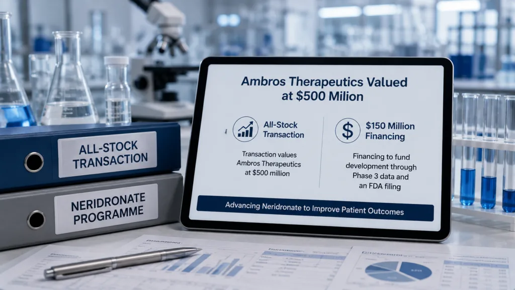 Ambros Therapeutics is valued at $500 million in an all-stock transaction paired with $150 million in financing to advance the pivotal neridronate programme through Phase 3 data and a planned FDA filing. Representative image.
