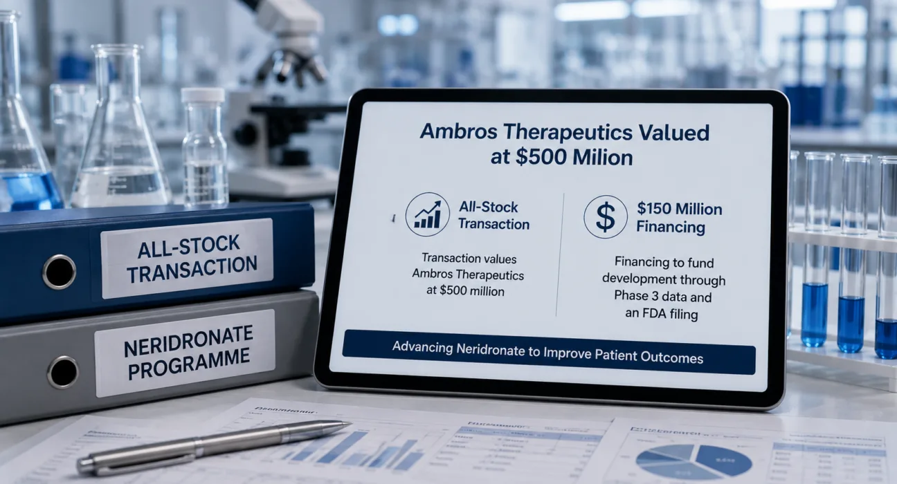 Ambros Therapeutics is valued at $500 million in an all-stock transaction paired with $150 million in financing to advance the pivotal neridronate programme through Phase 3 data and a planned FDA filing. Representative image.