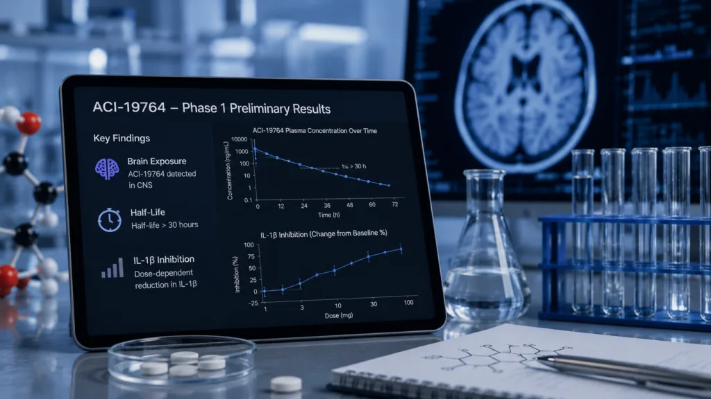 AC Immune’s oral NLRP3 inhibitor ACI-19764 showed brain exposure, a half-life exceeding 30 hours and dose-dependent IL-1β inhibition in preliminary Phase 1 data, providing early evidence for its central nervous system development strategy. Representative image.