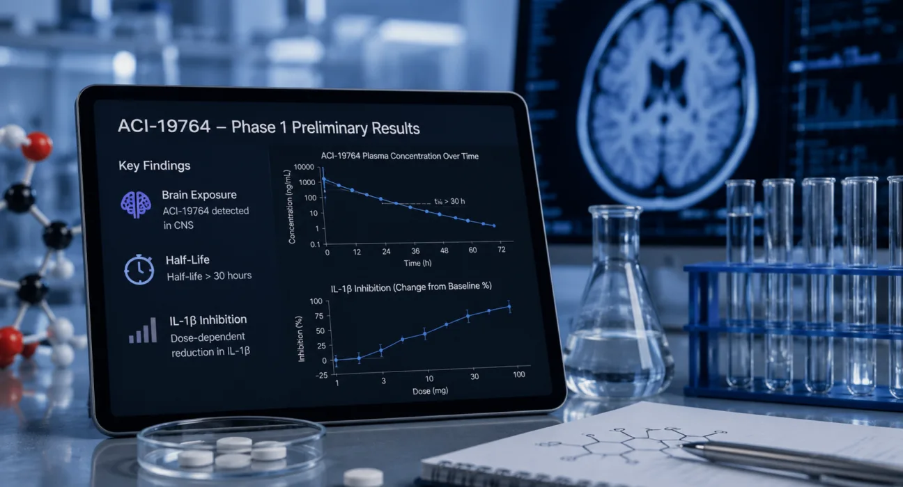 AC Immune’s oral NLRP3 inhibitor ACI-19764 showed brain exposure, a half-life exceeding 30 hours and dose-dependent IL-1β inhibition in preliminary Phase 1 data, providing early evidence for its central nervous system development strategy. Representative image.