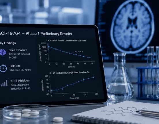 AC Immune’s oral NLRP3 inhibitor ACI-19764 showed brain exposure, a half-life exceeding 30 hours and dose-dependent IL-1β inhibition in preliminary Phase 1 data, providing early evidence for its central nervous system development strategy. Representative image.