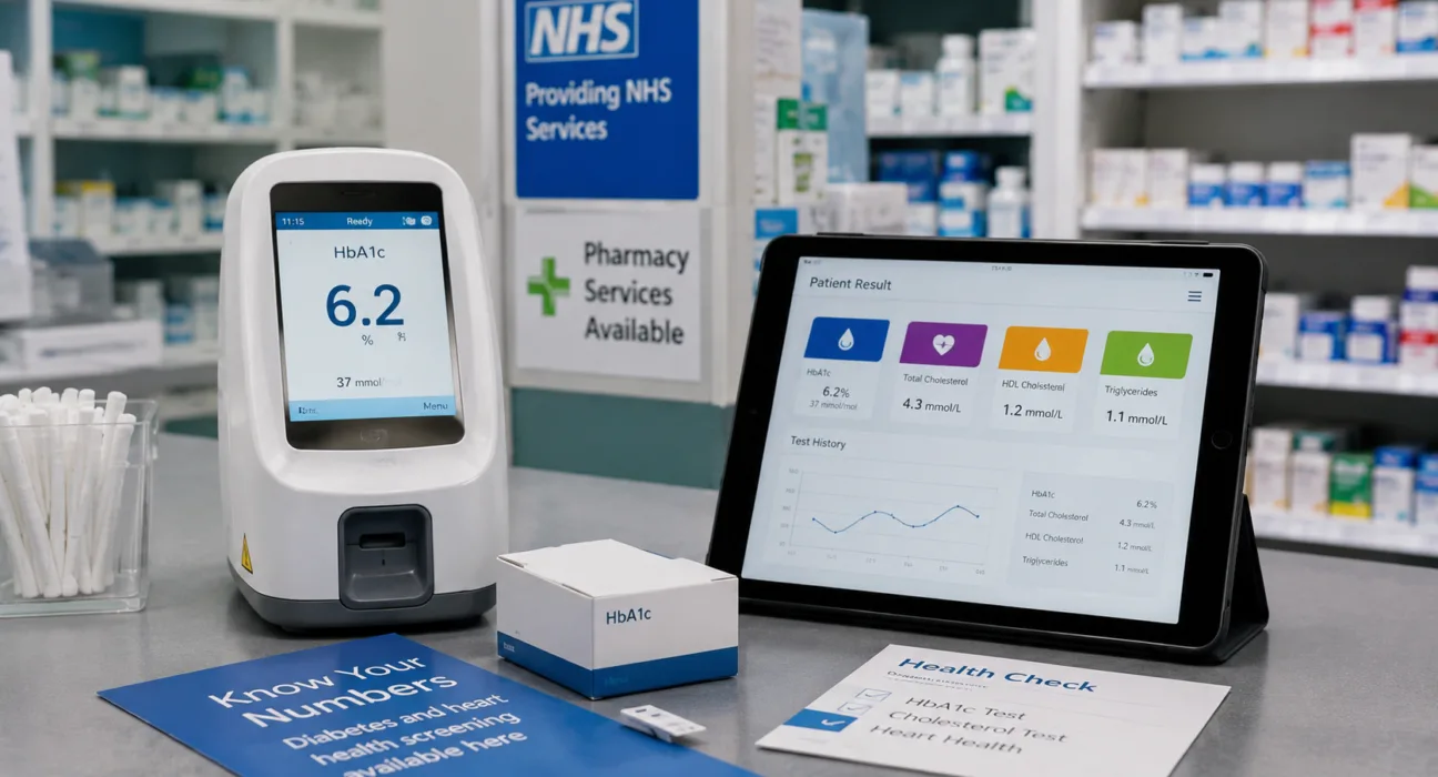 Avricore Health’s HealthTab will distribute Abbott’s Afinion 2 through NHS-linked pharmacies, combining rapid HbA1c and lipid testing with a connected digital platform to expand community-based diabetes and cardiovascular risk screening. Representative image.