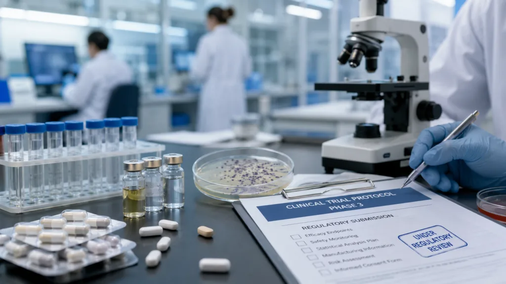 A laboratory scene reflecting Acurx Pharmaceuticals’ ibezapolstat development as FDA guidance opens a potential single Phase 3 pathway for treating Clostridioides difficile infection and reducing recurrence. Representative image.