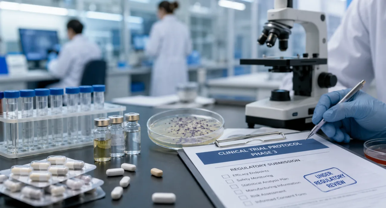 A laboratory scene reflecting Acurx Pharmaceuticals’ ibezapolstat development as FDA guidance opens a potential single Phase 3 pathway for treating Clostridioides difficile infection and reducing recurrence. Representative image.