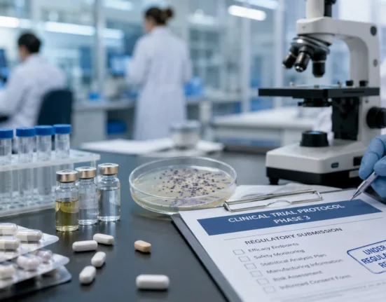 A laboratory scene reflecting Acurx Pharmaceuticals’ ibezapolstat development as FDA guidance opens a potential single Phase 3 pathway for treating Clostridioides difficile infection and reducing recurrence. Representative image.