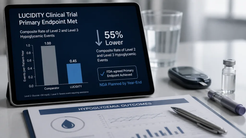 The LUCIDITY trial met its FDA-agreed primary endpoint with a 55% lower composite rate of Level 2 and Level 3 hypoglycemic events, supporting plans for a New Drug Application submission by year-end. Representative image.