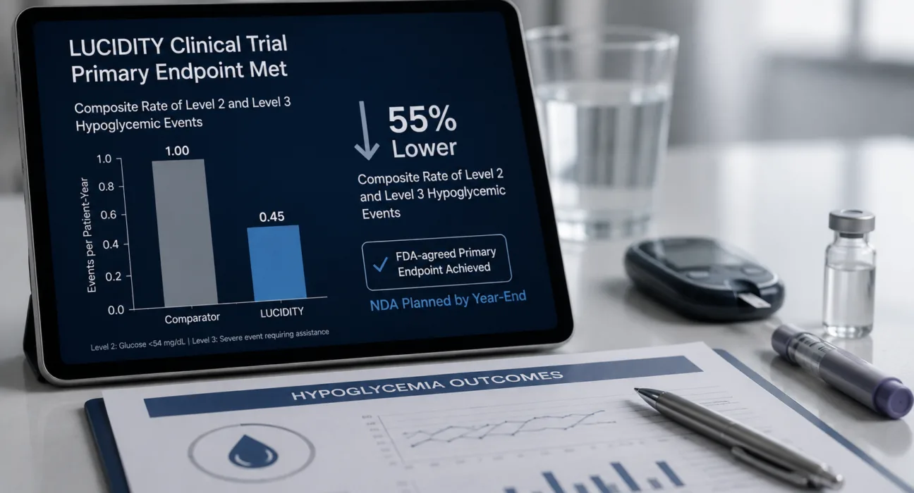 The LUCIDITY trial met its FDA-agreed primary endpoint with a 55% lower composite rate of Level 2 and Level 3 hypoglycemic events, supporting plans for a New Drug Application submission by year-end. Representative image.