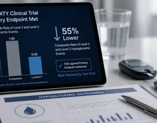 The LUCIDITY trial met its FDA-agreed primary endpoint with a 55% lower composite rate of Level 2 and Level 3 hypoglycemic events, supporting plans for a New Drug Application submission by year-end. Representative image.