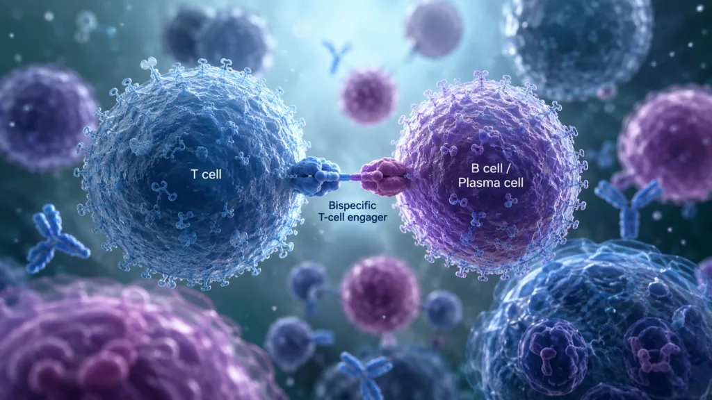 Bispecific T-cell engagers originally developed for blood cancers are being repurposed to eliminate pathogenic B cells and plasma cells in severe autoimmune diseases, raising the possibility of CAR-T-like immune reset without the complexity of individualized cell manufacturing. Representative image.