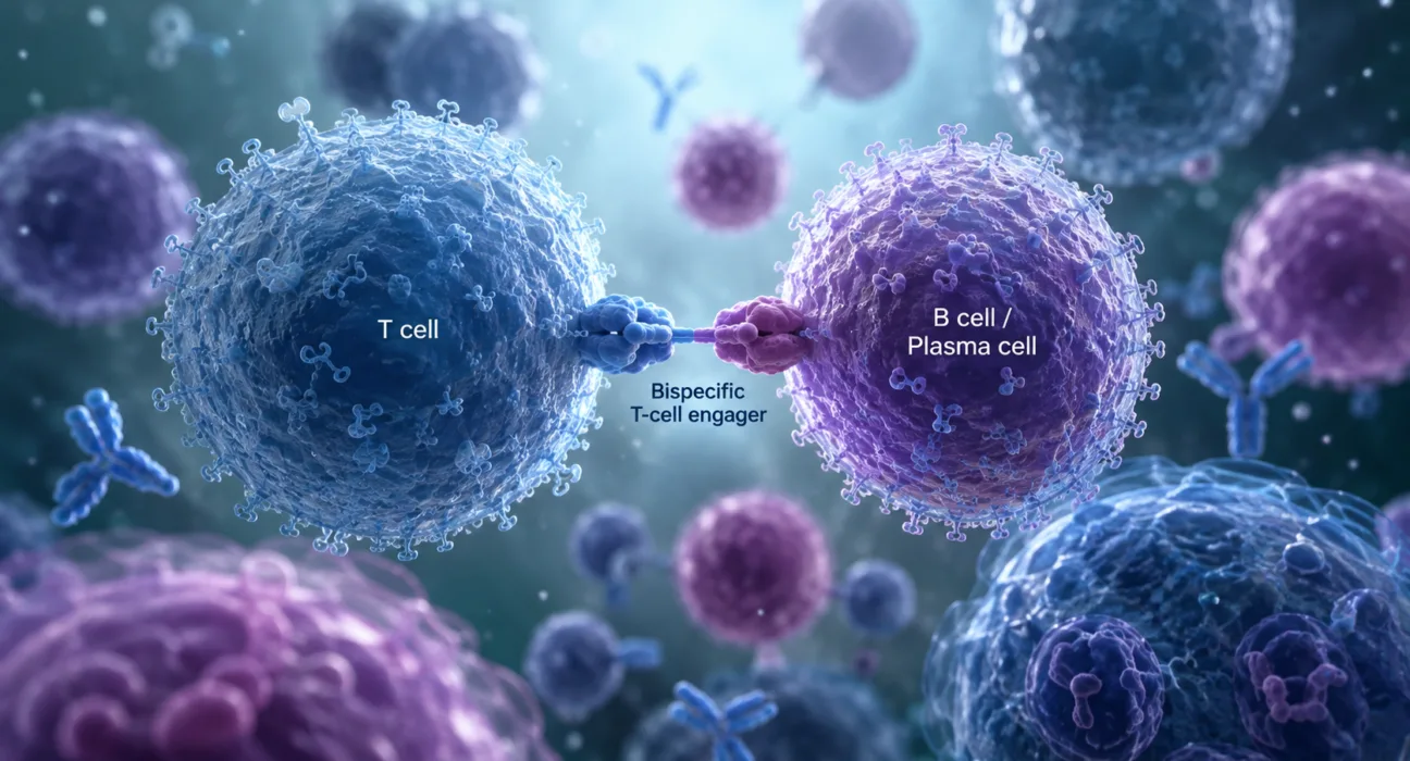 Bispecific T-cell engagers originally developed for blood cancers are being repurposed to eliminate pathogenic B cells and plasma cells in severe autoimmune diseases, raising the possibility of CAR-T-like immune reset without the complexity of individualized cell manufacturing. Representative image.