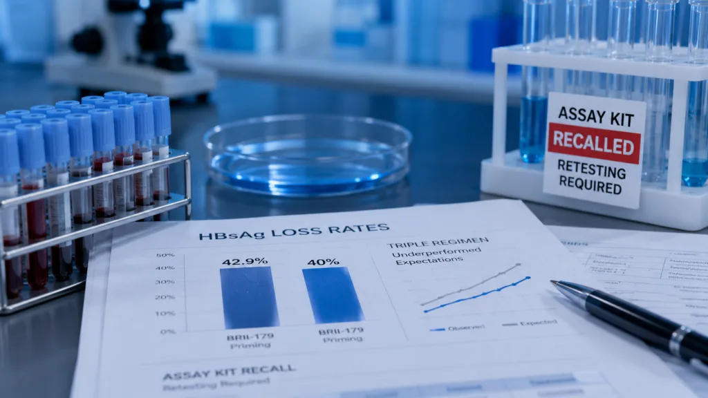 ENRICH reported HBsAg loss rates of 42.9% and 40% after BRII-179 priming, but weaker-than-expected performance from a concurrent triple regimen and an assay-kit recall requiring cohort retesting add new uncertainty to the hepatitis B development story. Representative image.