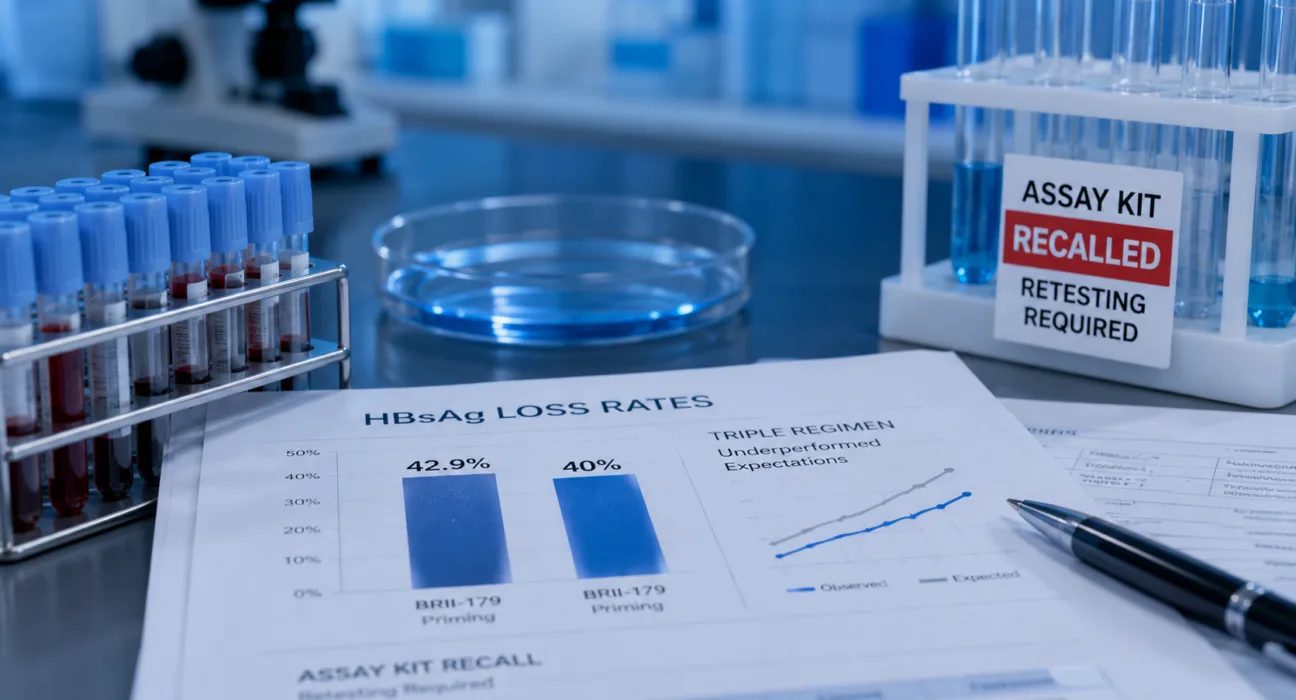 ENRICH reported HBsAg loss rates of 42.9% and 40% after BRII-179 priming, but weaker-than-expected performance from a concurrent triple regimen and an assay-kit recall requiring cohort retesting add new uncertainty to the hepatitis B development story. Representative image.