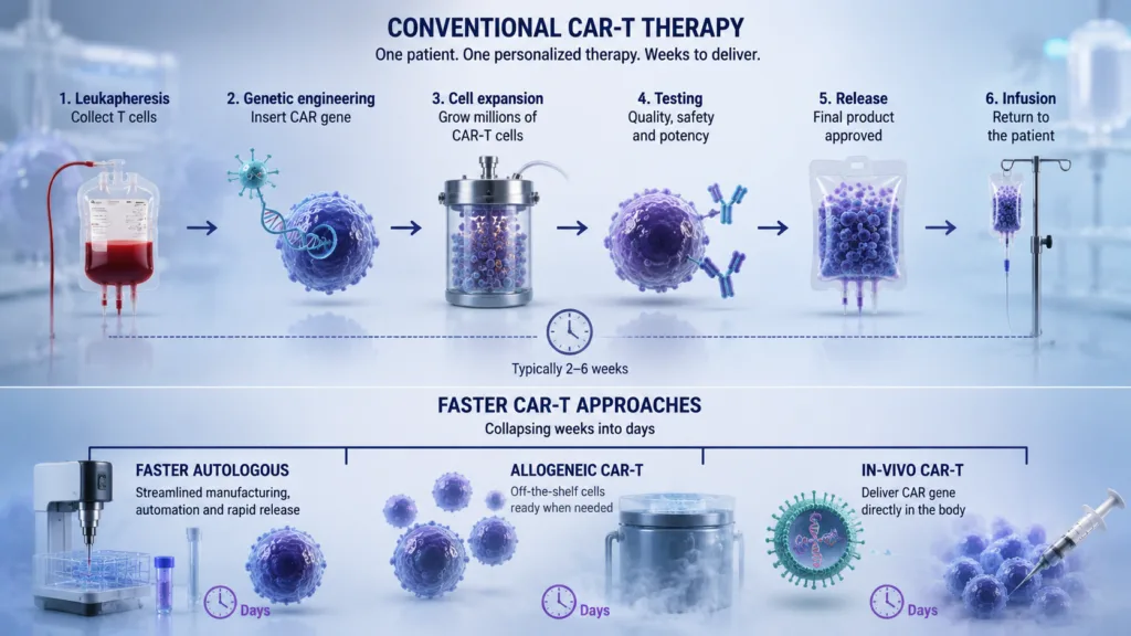 Conventional CAR-T therapy can take weeks to turn a patient’s own T cells into a personalized cancer treatment, driving development of faster autologous manufacturing, off-the-shelf allogeneic CAR-T and in-vivo approaches that could compress the treatment journey from weeks toward days. Representative image.