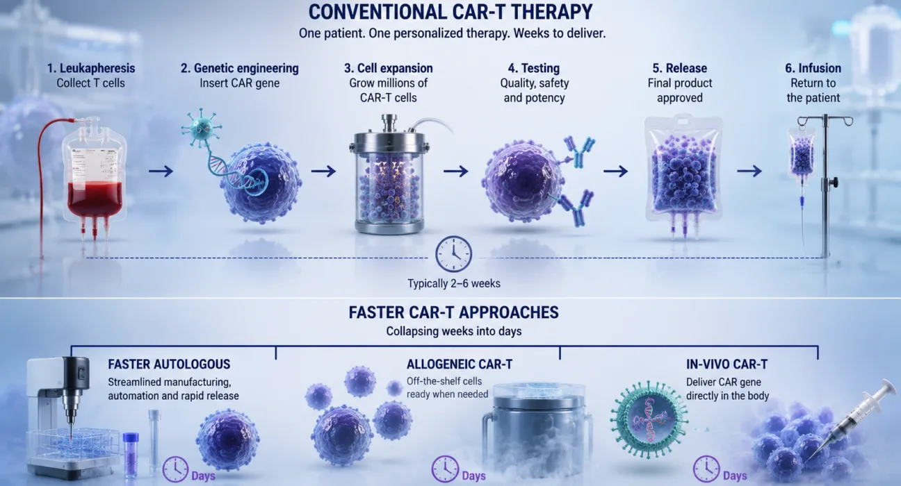 Conventional CAR-T therapy can take weeks to turn a patient’s own T cells into a personalized cancer treatment, driving development of faster autologous manufacturing, off-the-shelf allogeneic CAR-T and in-vivo approaches that could compress the treatment journey from weeks toward days. Representative image.