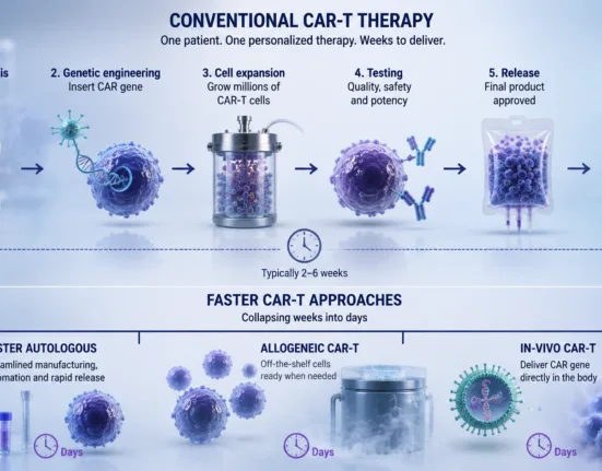 Conventional CAR-T therapy can take weeks to turn a patient’s own T cells into a personalized cancer treatment, driving development of faster autologous manufacturing, off-the-shelf allogeneic CAR-T and in-vivo approaches that could compress the treatment journey from weeks toward days. Representative image.