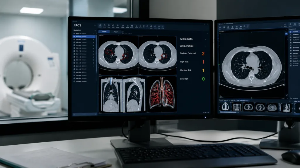 St. Joseph’s Health is integrating Coreline Soft’s AVIEW into its existing INFINITT PACS, enabling AI pre-analysis of lung screening CT scans within the radiology workflow without requiring radiologists to switch to a separate application. Representative image.