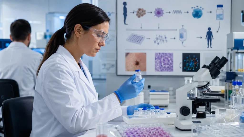 NTx Bio’s RNA manufacturing technology supports Baylor College of Medicine’s production workflow for Diakonos Oncology’s DOC1021 personalized cancer vaccine in a Phase 1/2 refractory melanoma trial, highlighting the manufacturing challenge behind patient-specific cancer immunotherapies. Representative image.