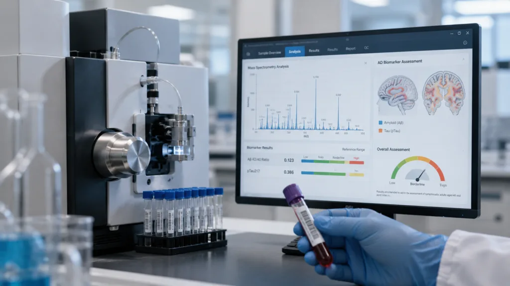 C2N Diagnostics’ FDA-cleared PrecivityAD2 blood test combines amyloid and tau biomarker measurements using mass spectrometry to aid Alzheimer’s disease assessment in symptomatic adults aged 40 and older. Representative image.