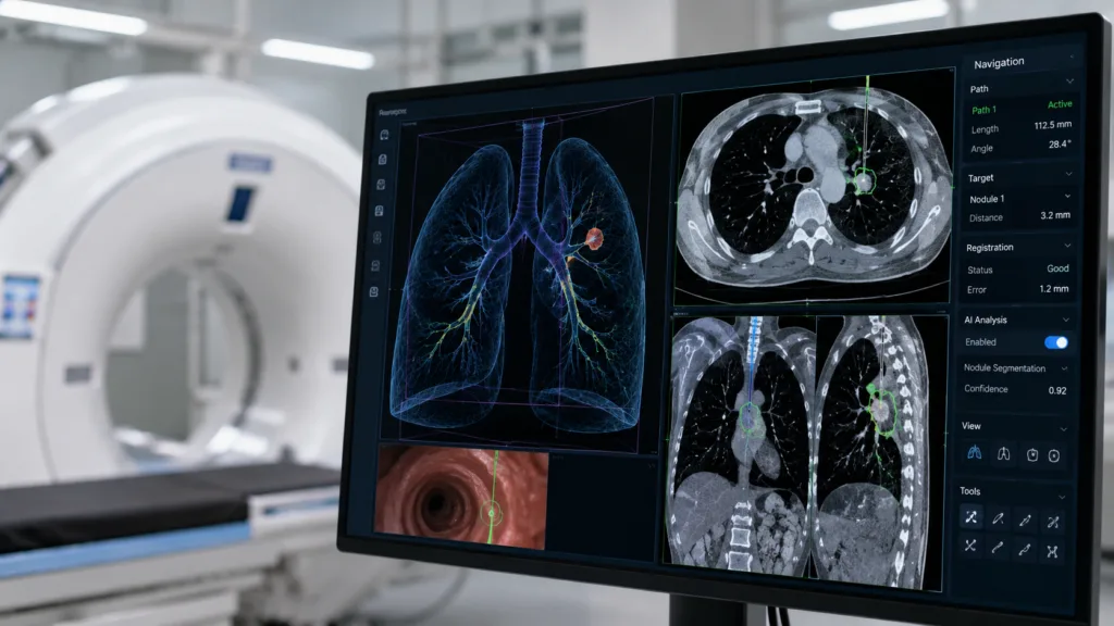 Johnson & Johnson’s MONARCH QUEST 3 adds AI-powered lung nodule segmentation, improved registration, 3D orientation and broader cone-beam CT integration as the company targets more reliable navigation during robotic bronchoscopy procedures. Representative image.