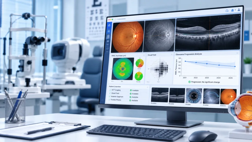 ZEISS CLINIC 360 brings ophthalmic imaging, diagnostic data and glaucoma progression analysis into a browser-based Class II medical device platform designed to streamline eye-care workflows and clinical review. Representative image.