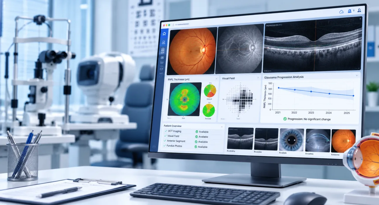 ZEISS CLINIC 360 brings ophthalmic imaging, diagnostic data and glaucoma progression analysis into a browser-based Class II medical device platform designed to streamline eye-care workflows and clinical review. Representative image.
