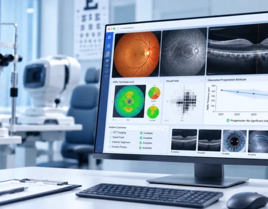 ZEISS CLINIC 360 brings ophthalmic imaging, diagnostic data and glaucoma progression analysis into a browser-based Class II medical device platform designed to streamline eye-care workflows and clinical review. Representative image.