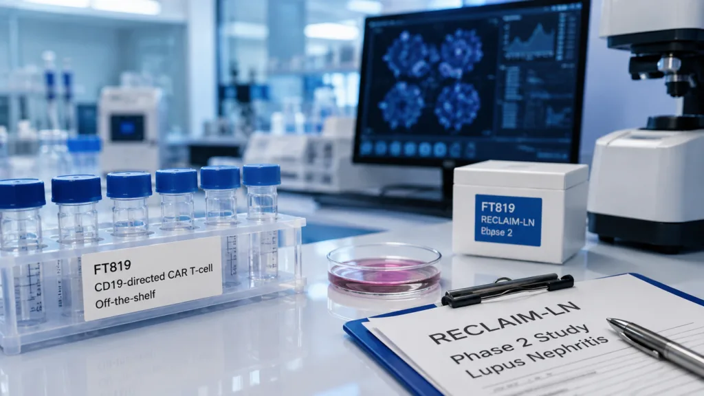 Fate Therapeutics has dosed the first participant in the Phase 2 RECLAIM-LN study of FT819, its off-the-shelf CD19-directed CAR T-cell therapy being evaluated for refractory moderate-to-severe lupus nephritis. Representative image.