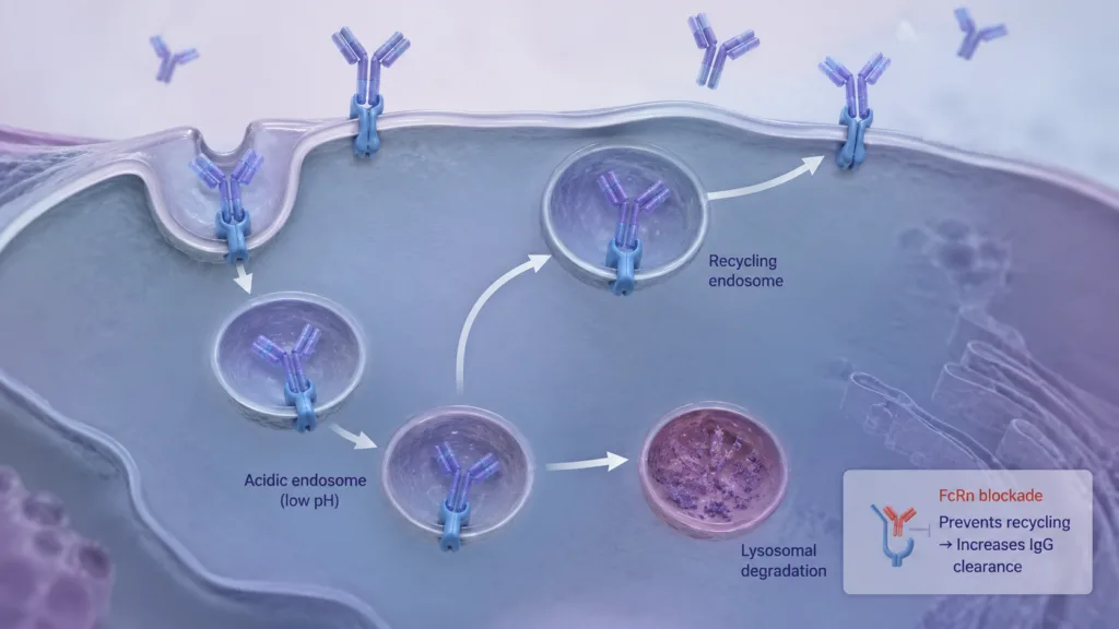 FcRn blockade offers a targeted approach to autoimmune disease by interrupting IgG antibody recycling, accelerating the clearance of pathogenic autoantibodies without directly eliminating antibody-producing B cells. Representative image.