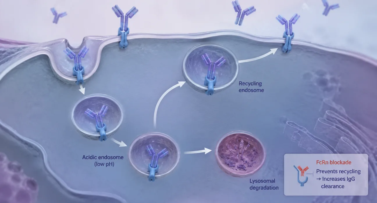 FcRn blockade offers a targeted approach to autoimmune disease by interrupting IgG antibody recycling, accelerating the clearance of pathogenic autoantibodies without directly eliminating antibody-producing B cells. Representative image.