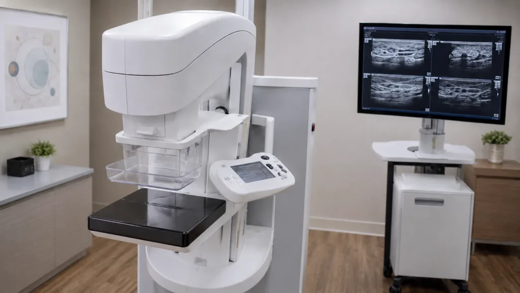 A modern automated breast imaging system illustrates GE HealthCare’s launch of Invenia ABUS Prime and ABUS StreamVue, aimed at expanding scalable supplemental screening and enterprise image review for women with dense breasts. Representative image.
