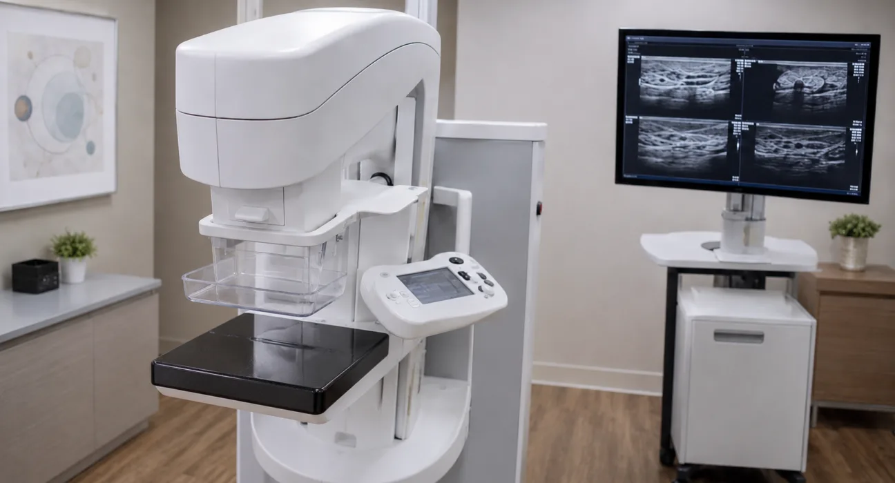 A modern automated breast imaging system illustrates GE HealthCare’s launch of Invenia ABUS Prime and ABUS StreamVue, aimed at expanding scalable supplemental screening and enterprise image review for women with dense breasts. Representative image.