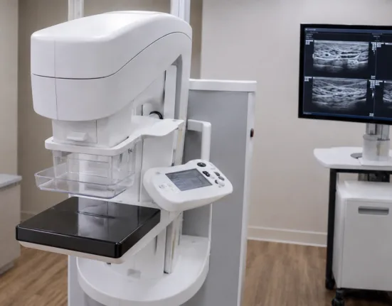 A modern automated breast imaging system illustrates GE HealthCare’s launch of Invenia ABUS Prime and ABUS StreamVue, aimed at expanding scalable supplemental screening and enterprise image review for women with dense breasts. Representative image.