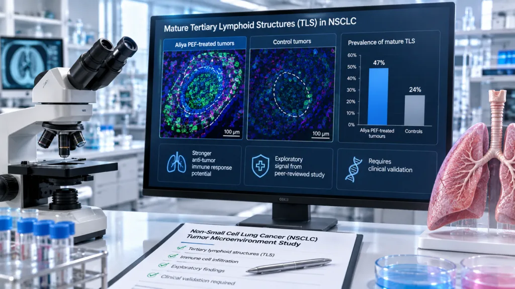 A peer-reviewed non-small cell lung cancer study found mature tertiary lymphoid structures in 47% of Aliya PEF-treated tumors versus 24% of controls, highlighting an exploratory immune-response signal that still requires clinical validation. Representative image.