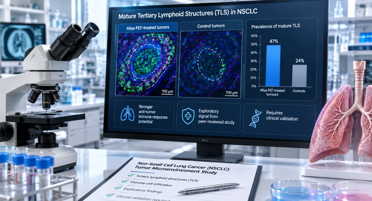 A peer-reviewed non-small cell lung cancer study found mature tertiary lymphoid structures in 47% of Aliya PEF-treated tumors versus 24% of controls, highlighting an exploratory immune-response signal that still requires clinical validation. Representative image.