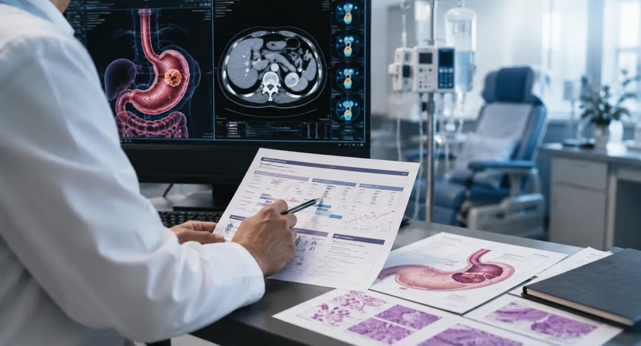 Representative image: A clinician reviews gastroesophageal cancer imaging and treatment data as Ziihera moves into first-line HER2-positive disease following its latest United States Food and Drug Administration approval, expanding the commercial opportunity for Zymeworks and Jazz Pharmaceuticals.