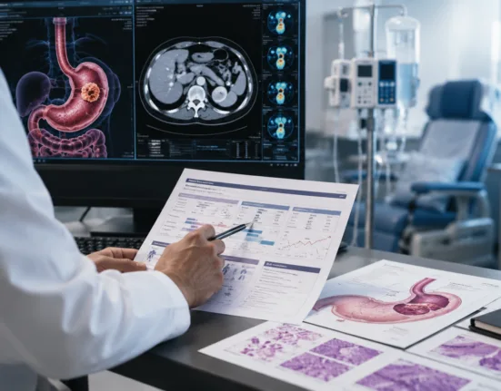 Representative image: A clinician reviews gastroesophageal cancer imaging and treatment data as Ziihera moves into first-line HER2-positive disease following its latest United States Food and Drug Administration approval, expanding the commercial opportunity for Zymeworks and Jazz Pharmaceuticals.