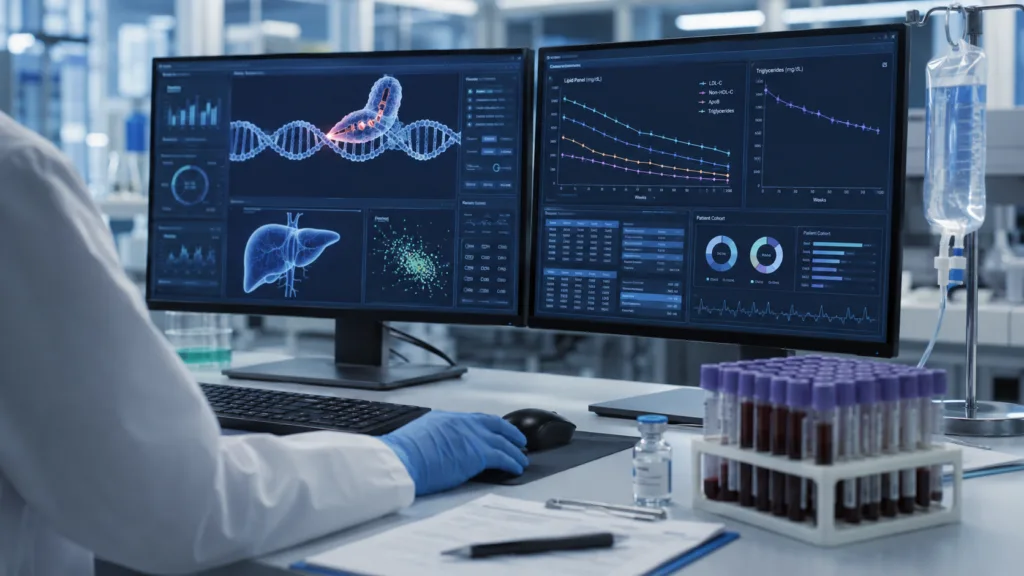 Representative image: Laboratory monitoring of gene-editing and lipid data as CRISPR Therapeutics reports one-year CTX310 results showing durable ANGPTL3, triglyceride and LDL cholesterol reductions after a single in vivo CRISPR treatment.