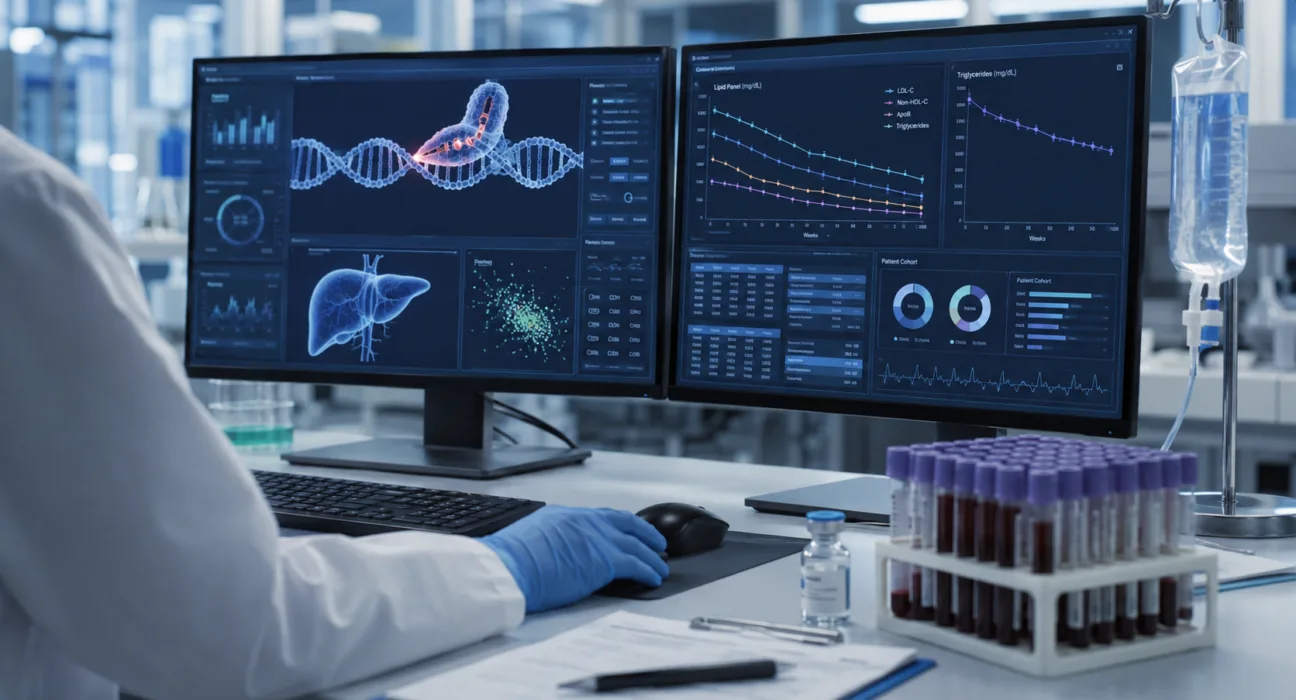 Representative image: Laboratory monitoring of gene-editing and lipid data as CRISPR Therapeutics reports one-year CTX310 results showing durable ANGPTL3, triglyceride and LDL cholesterol reductions after a single in vivo CRISPR treatment.