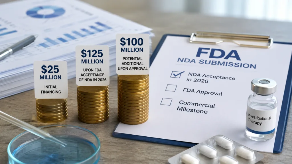 Gossamer Bio’s structured financing provides $25 million upfront, another $125 million if the FDA accepts the seralutinib NDA in 2026, and potentially $100 million more following approval, tying capital deployment directly to regulatory milestones. Representative image.