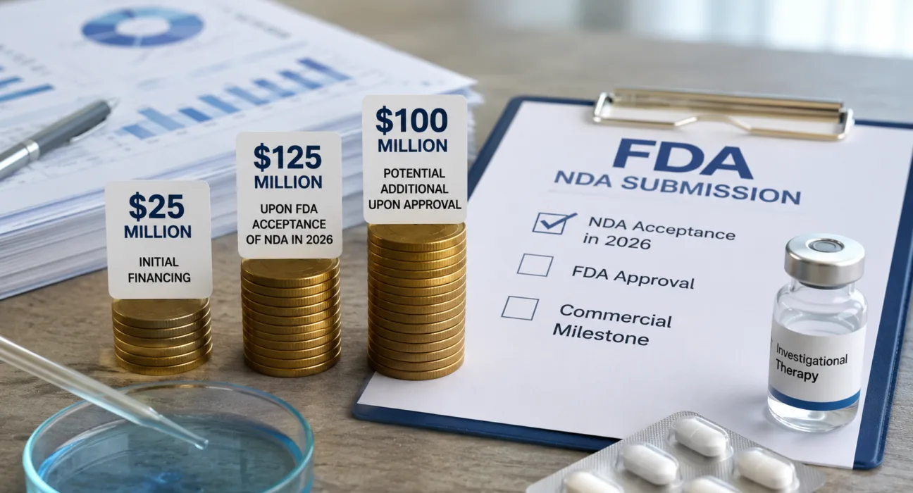 Gossamer Bio’s structured financing provides $25 million upfront, another $125 million if the FDA accepts the seralutinib NDA in 2026, and potentially $100 million more following approval, tying capital deployment directly to regulatory milestones. Representative image.