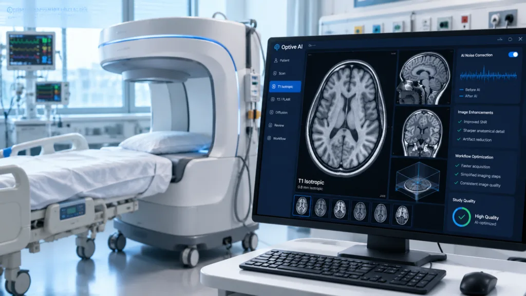 Hyperfine’s FDA-cleared Optive AI software adds isotropic T1 imaging, enhanced noise correction and workflow improvements to the portable ultra-low-field Swoop MRI system, strengthening its brain-imaging capabilities. Representative image.