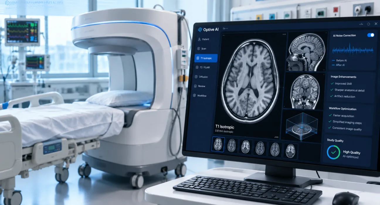 Hyperfine’s FDA-cleared Optive AI software adds isotropic T1 imaging, enhanced noise correction and workflow improvements to the portable ultra-low-field Swoop MRI system, strengthening its brain-imaging capabilities. Representative image.