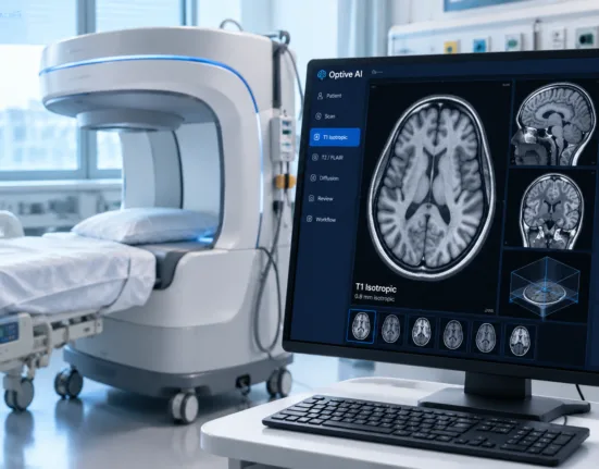 Hyperfine’s FDA-cleared Optive AI software adds isotropic T1 imaging, enhanced noise correction and workflow improvements to the portable ultra-low-field Swoop MRI system, strengthening its brain-imaging capabilities. Representative image.