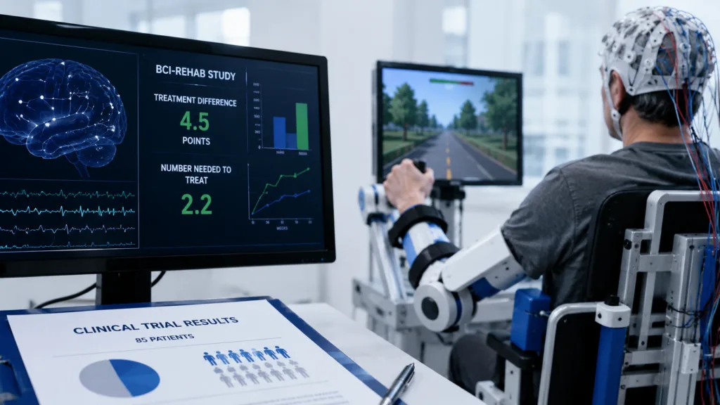 The 85-patient BCI-REHAB study found a 4.5-point treatment difference favoring IpsiHand and a number needed to treat of 2.2, although substantial control-group withdrawal complicates interpretation of the rehabilitation results. Representative image.