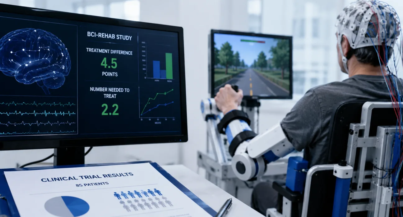 The 85-patient BCI-REHAB study found a 4.5-point treatment difference favoring IpsiHand and a number needed to treat of 2.2, although substantial control-group withdrawal complicates interpretation of the rehabilitation results. Representative image.