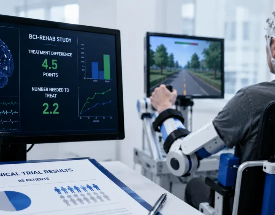 The 85-patient BCI-REHAB study found a 4.5-point treatment difference favoring IpsiHand and a number needed to treat of 2.2, although substantial control-group withdrawal complicates interpretation of the rehabilitation results. Representative image.