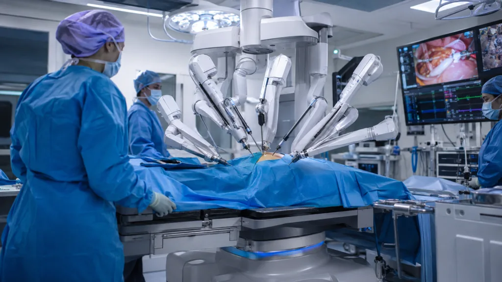 Johnson & Johnson’s OTTAVA robotic surgical system has received FDA De Novo authorization for multiple upper-abdominal procedures, bringing a table-integrated robotic surgery platform into competition for the next generation of operating rooms. Representative image.